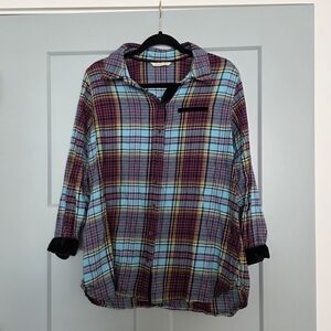 Soft Surroundings Plaid Button Front Top M Velvet Trim Embroidered Back Cozy